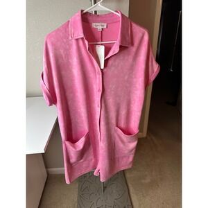Sewn + Seen Bridgette Romper Womens Small Pink NWT Button Front Acid Wash Pocket